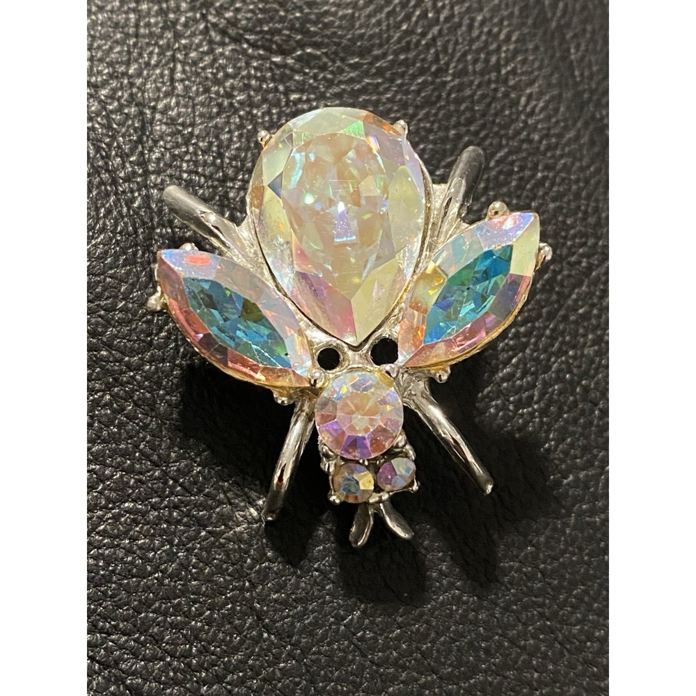 Vintage Aurora Borealis Crackle Rhinestone Bee Brooch Insect Gold Tone